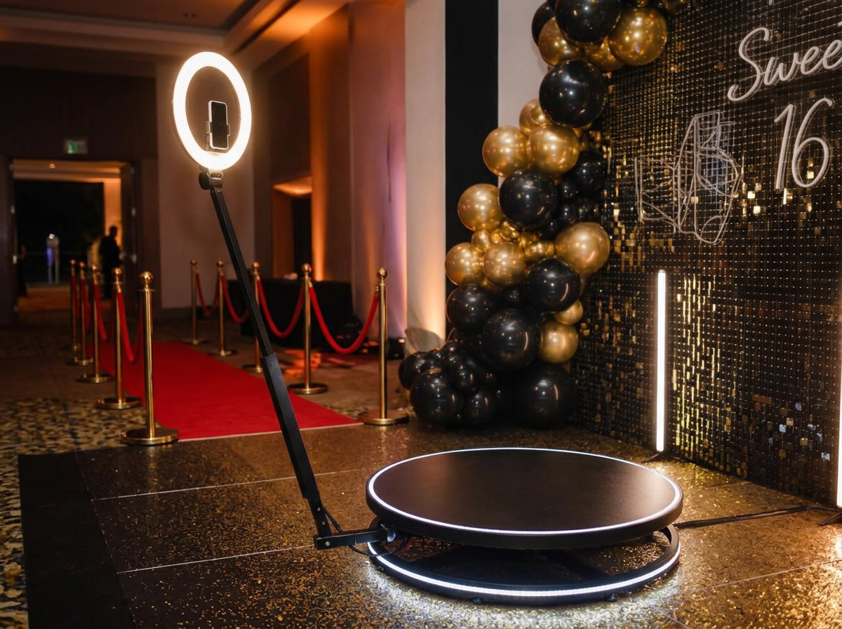 Puggy's round 360 Photo Booth platform, rotating arm and ring light