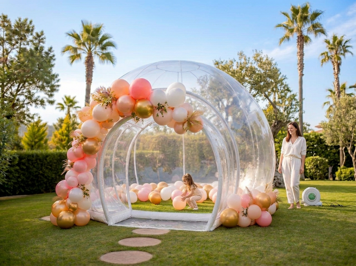 Compact 10-foot clear Bubble House with one child and an adult nearby for scale