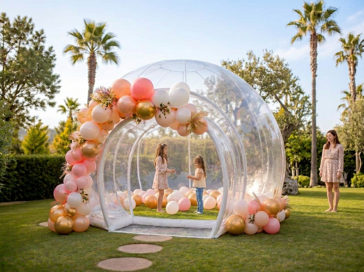 Two children enjoying light play inside a compact clear Bubble House
