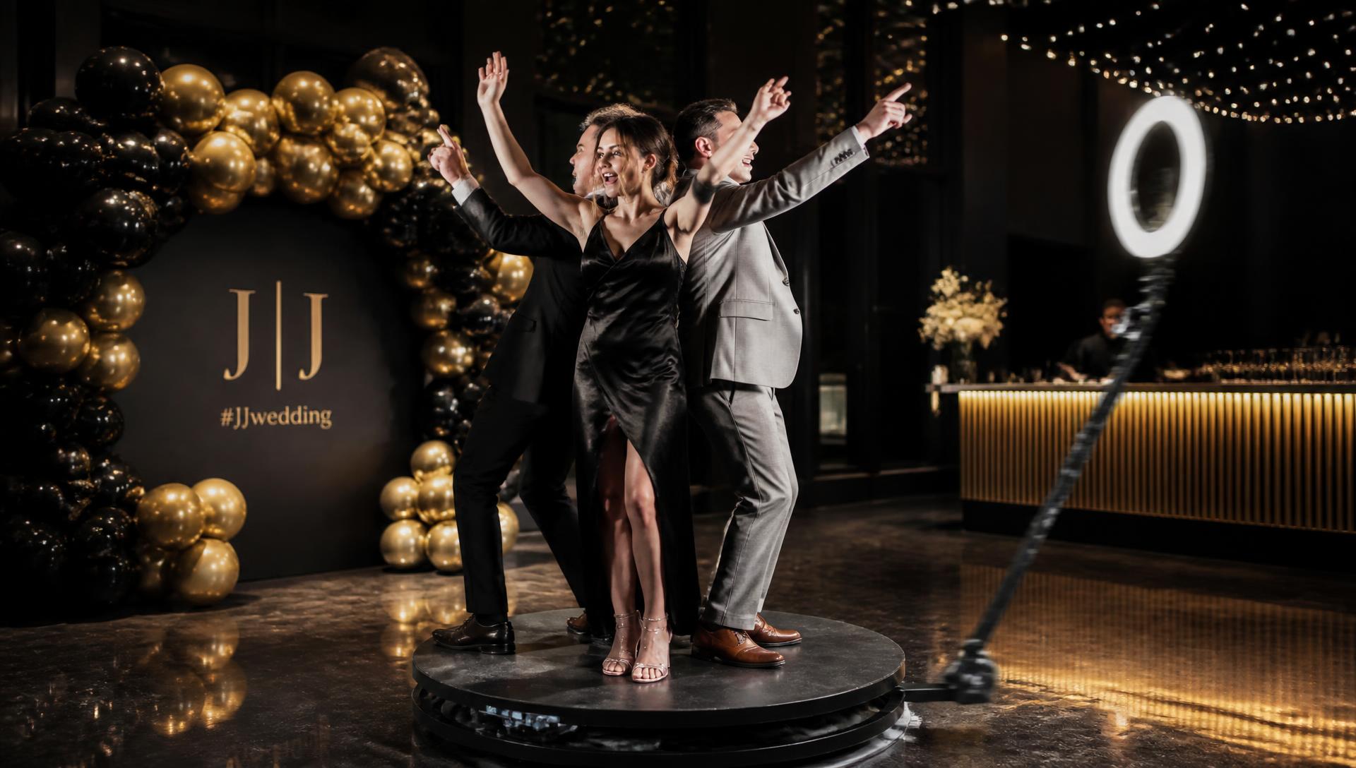 Guests celebrating on a 360 photo booth platform at an elegant black and gold wedding reception in New Jersey