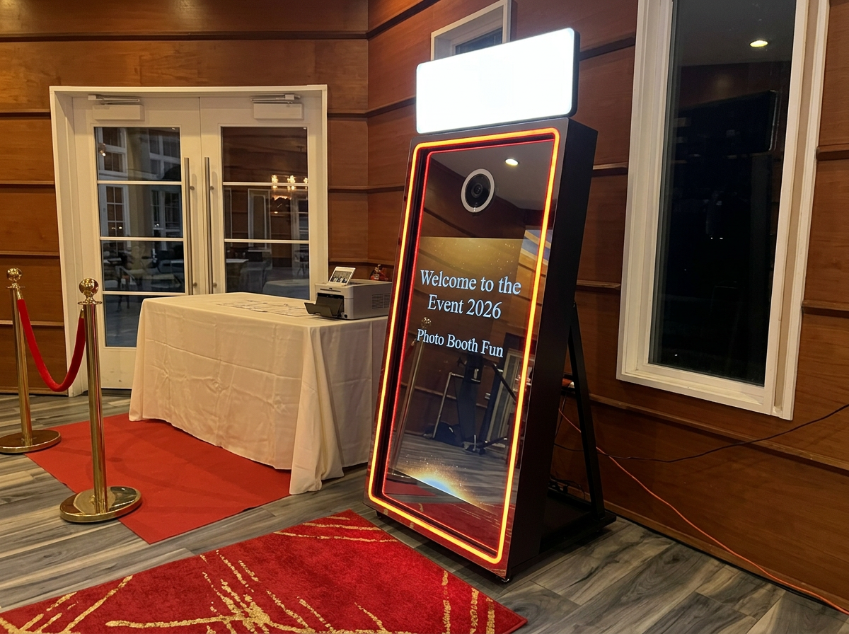 Angled view of Puggy's Magic Mirror with RGB border, camera and floor base