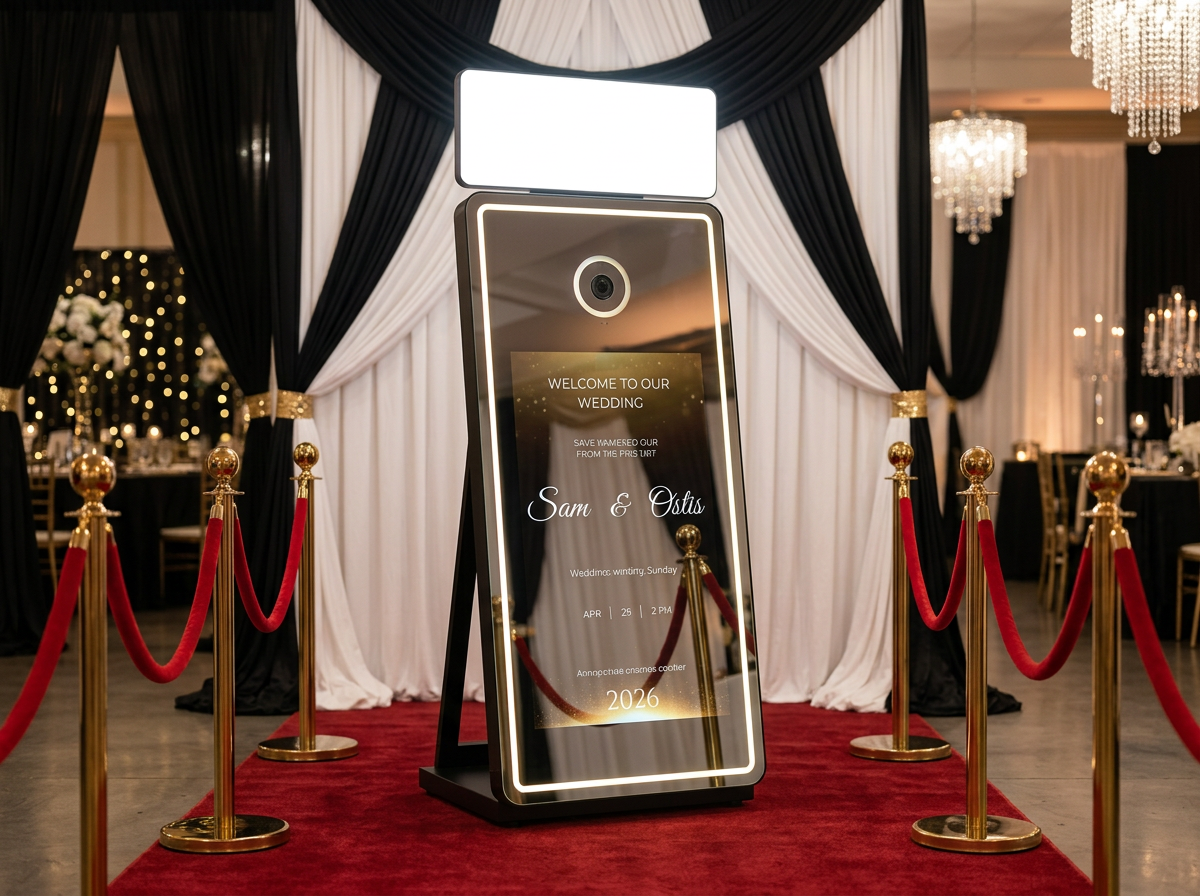 Puggy's full-length black Magic Mirror Photo Booth with rectangular top light