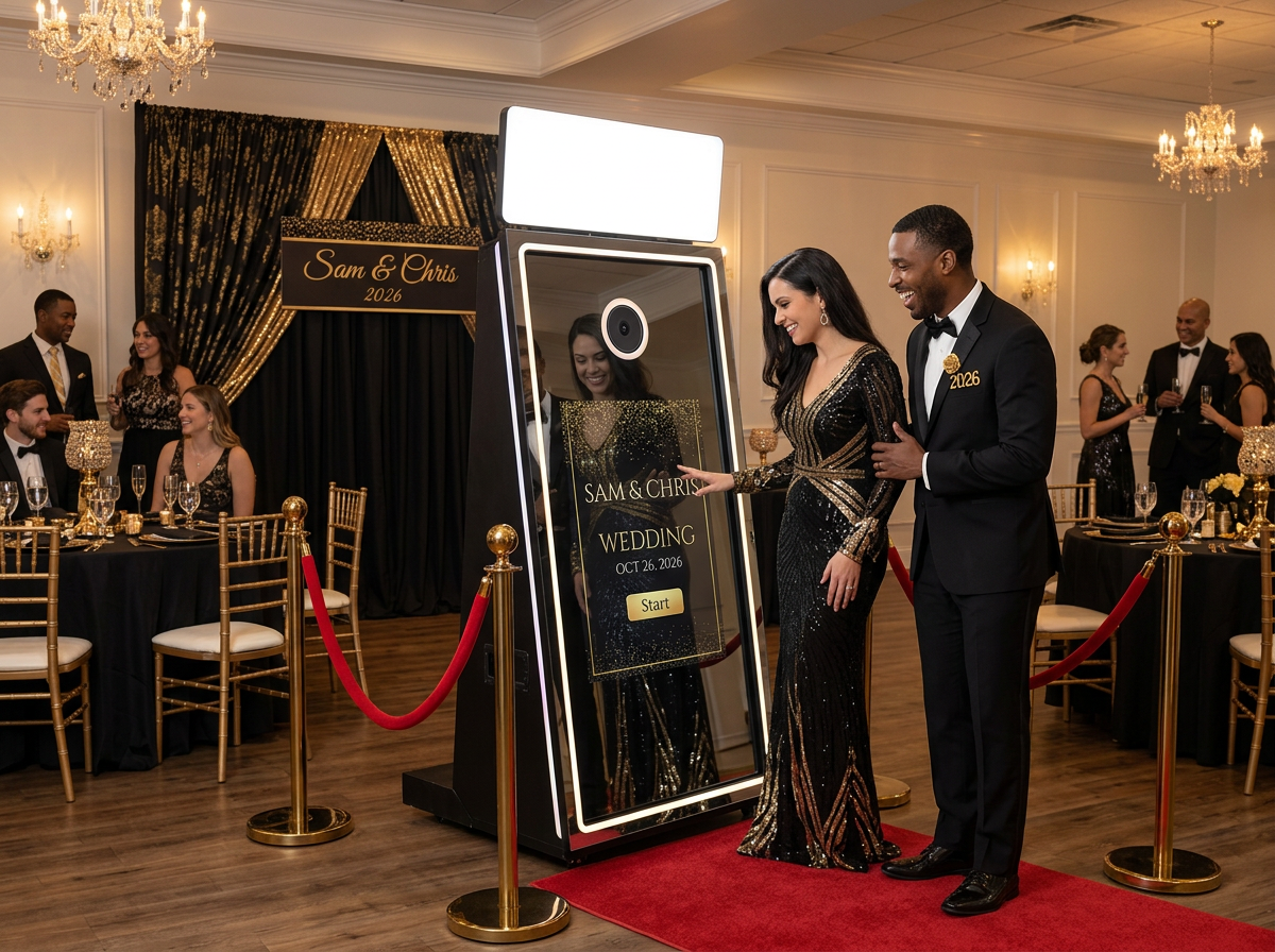 Guests using Puggy's Magic Mirror Photo Booth at an elegant wedding