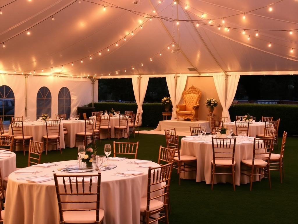 Tented reception setup with tables and linens